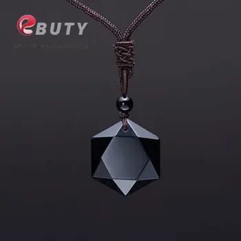

EBUTY Black Obsidian Natural Stone Pendant 5000CC Necklaces For Women and Men Cubic Hexagram Sweater Necklace Amulets Jewelry
