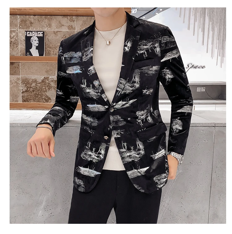 New Velvet Blazer Male British Style Single Breasted Black Party
