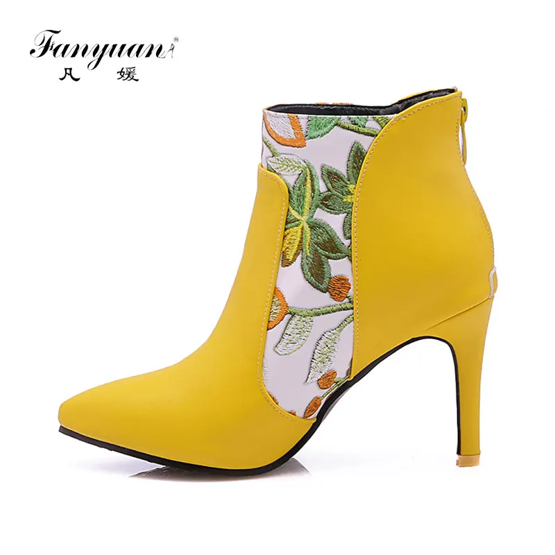 

Fanyuan Women Boots High Heel Ankle Boots Flower Pointed Toe Stiletto Short Boots Zip Female Footwear White Yellow winter shoes