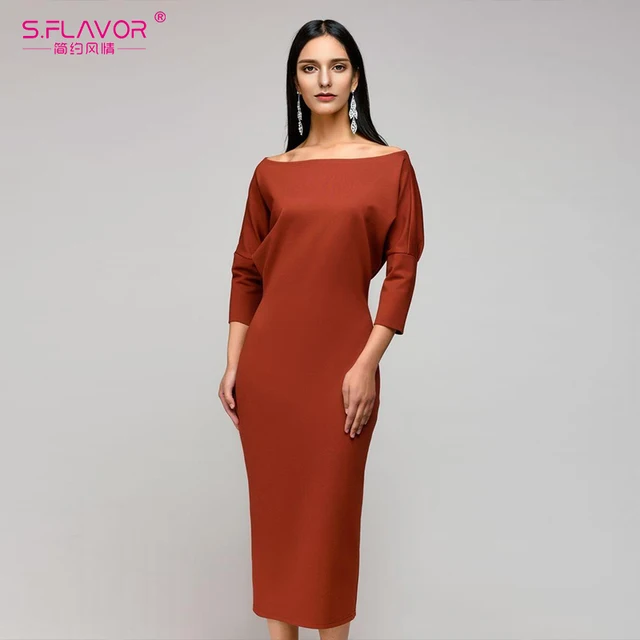 S Flavor Autumn Winter Solid Color Sheath Dress Three Quarter Sleeve S Flavor Autumn Winter Solid Color Sheath Dress Three Quarter Sleeve Pencil Women Slash
