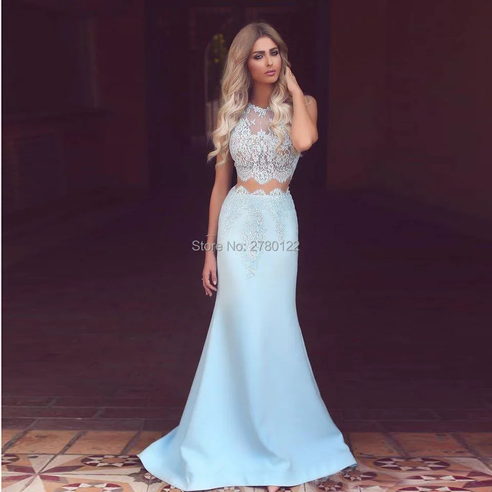 Vestido-de-festa-Light-Blue-Two-Piece-Prom-Dress-Lace-Appliques-Off-The-Shoulder-Sweep-Train