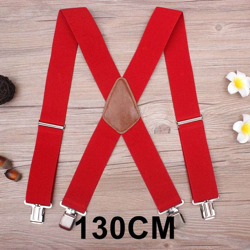 Red-130cm 130 см плюс размер подтяжки для тяжелых мужчин брюки с 4 сильными клипсами 5 см широкие подтяжки с x-обратно брюки мужские подтяжки ремень - Цвет: Red-130cm