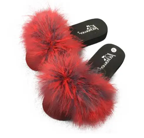 F-ur Slides Women Ostrich with Feathers Sweet Beach Shoes Summer Fashion Sliders Flip Flops,Red,10.5 