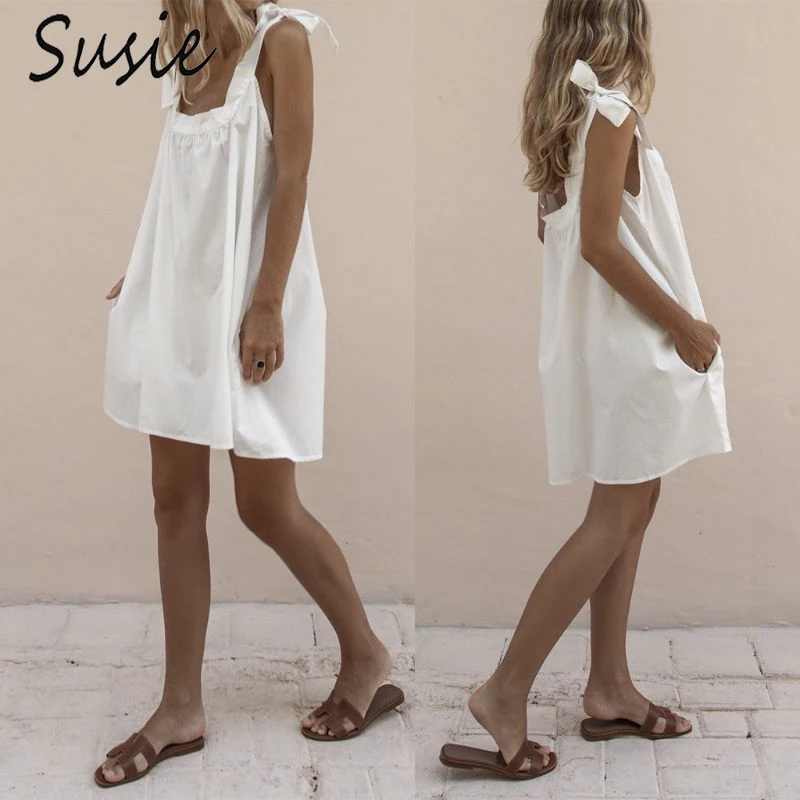 

2019 Women Summer Dress Sexy Solid Color Sleeveless Lace-up Bow Strappy Casual A-Line Frill Dress Holiday Beach Boho Sundress