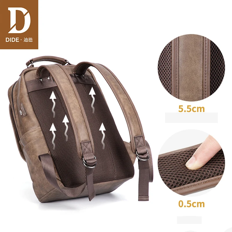 DIDE cuero Mochila portátil Mochila vendimia Mochila de viaje ocasional bolsa Preppy Mochila impermeable 15 pulgadas