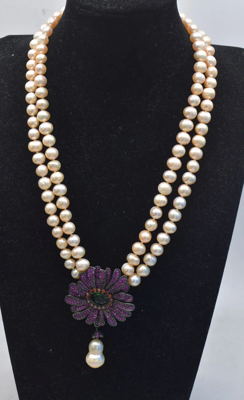 

2rows freshwater pearl pink near round 8-9mm and red flower pendant necklace 18-19inch FPPJ wholesale beads nature