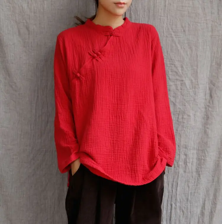 Solid White Black Red Linen Cotton Women Blouses Shirt