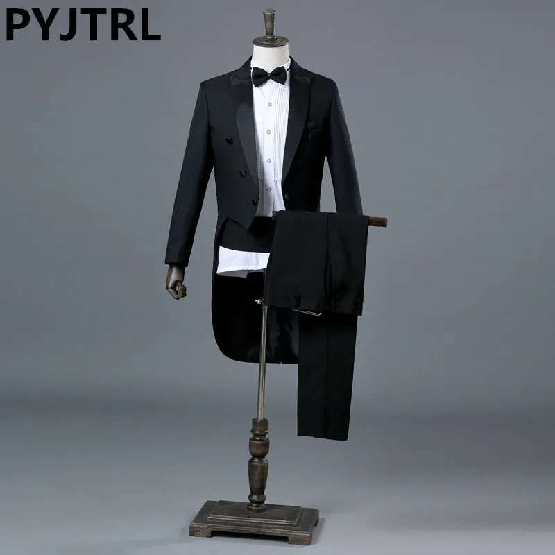 PYJTRL Англия джентльмен из двух частей Черный Белый Жених Дешевые Свадебные смокинги костюмы для мужчин Классический хвост пальто
