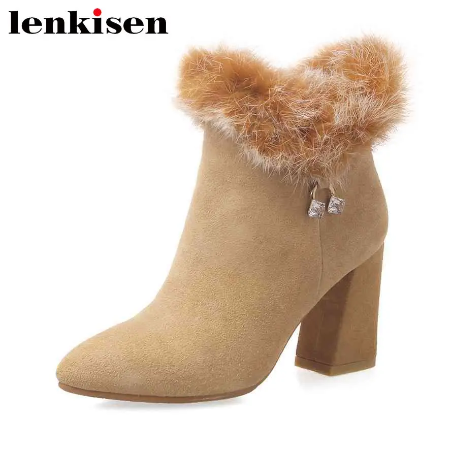 

Lenkisen handmade rabbit fur solid pointed toe zipper cow leather thick high heels keep warm fairy women winter ankle boots L77
