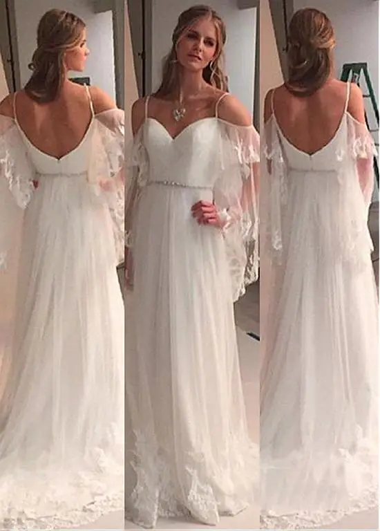 

Backless Vestido De Noiva 2019 Wedding Dresses A-line Spaghetti Straps Tulle Lace Beach Boho Dubai Arabic Wedding Gown Bridal