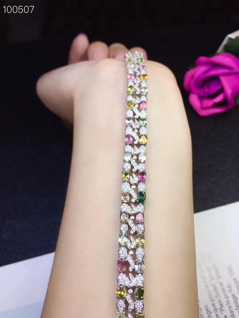  Luxueux Bracelet en tourmaline multicolore naturel Bracelet en pierres précieuses naturelles 925 br