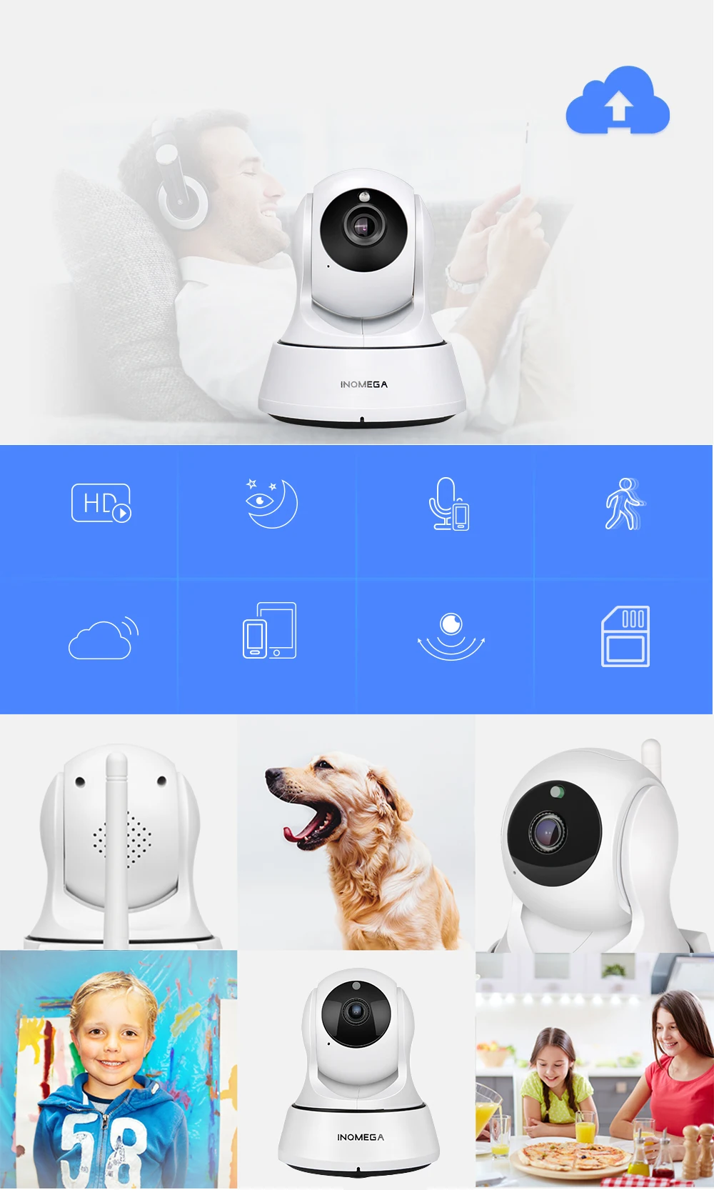 INQMEGA 720 P облачного хранения IP Камера Wi-Fi cam охранных видеонаблюдения сети Камера Ночное видение телеметрией Видеоняни и Радионяни