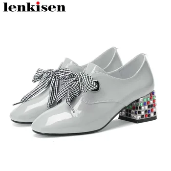 

2019 Large size classic square toe colorful crystals decoration med heels lace up natural leather bowtie classic woman pumps L92