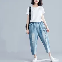 Johnature, большие размеры, Удобные Свободные рваные джинсы в стиле кэжуал, летние штаны, новинка, эластичный пояс, корейский размер, M-3XL, женские штаны