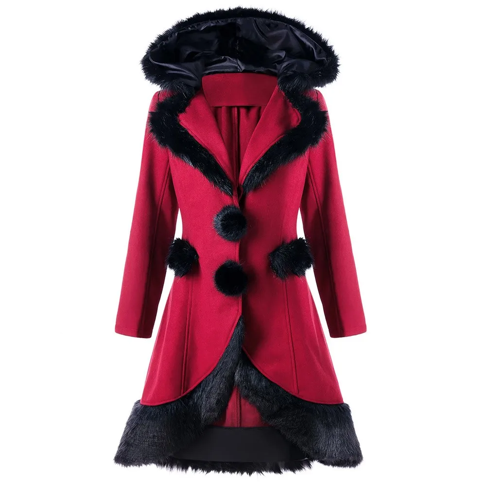 

Winter Vintage Long Woolen Coat Women Imitation Rabbit Fur Warm Lace Up Fashion Casual Hooded Coats Female Christmas Overcoats