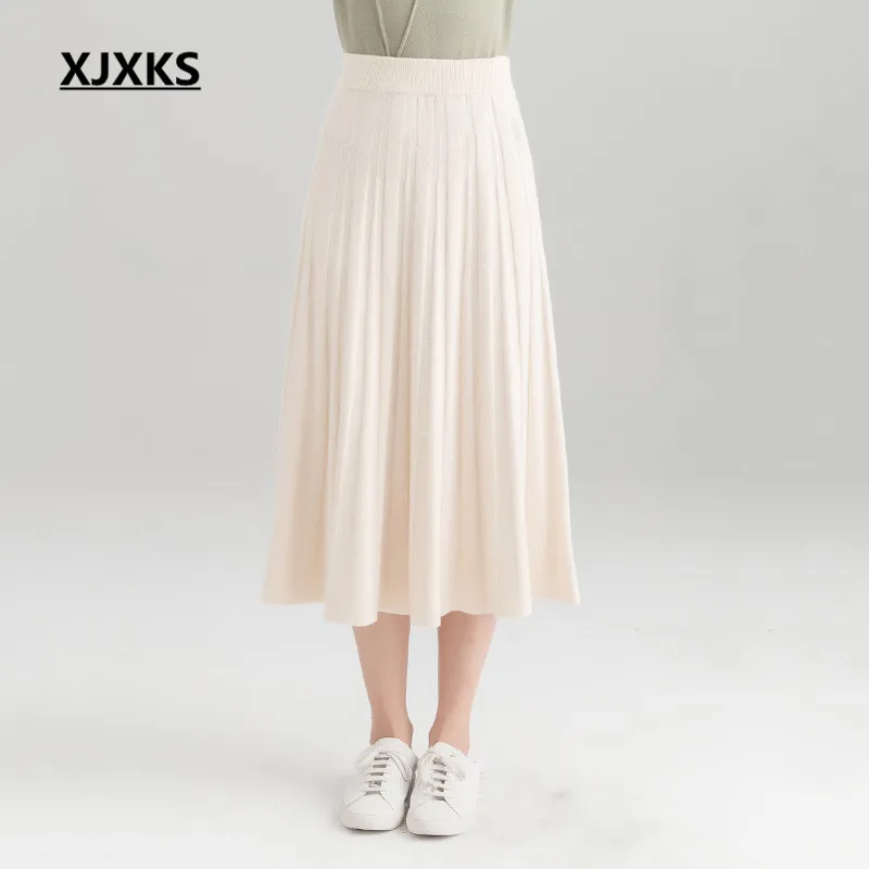 

XJXKS 2018 new arrival women high waist skirt casual korean style wool and cotton knitting streetwear women's A-line skirts