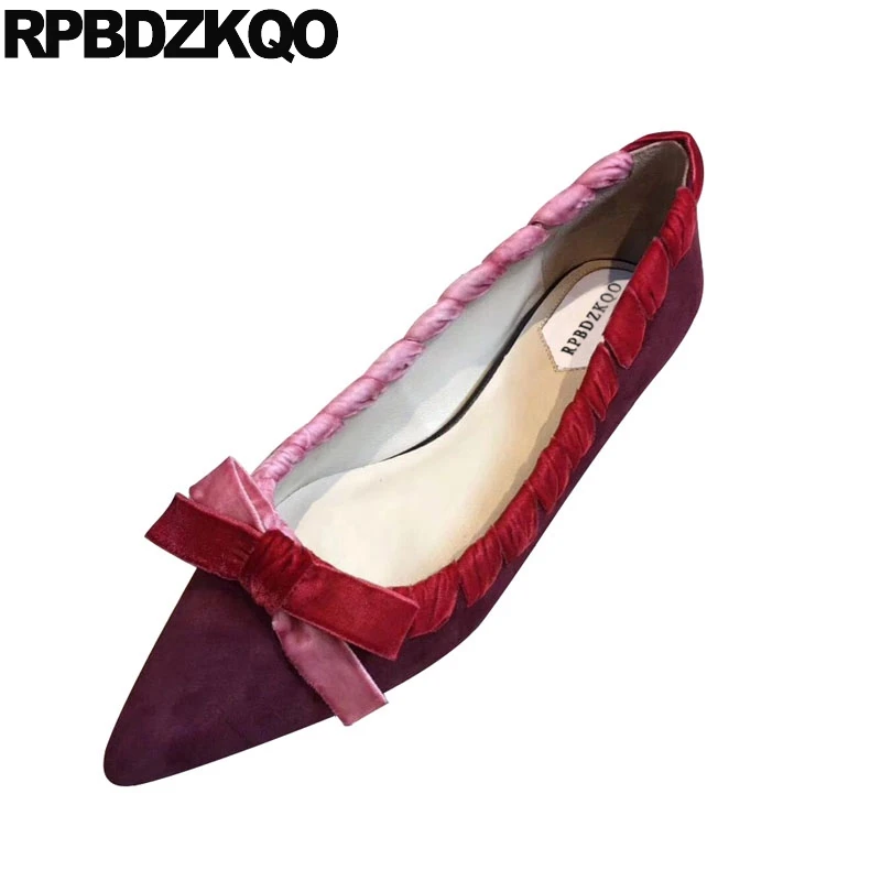 Red Wine Slip On Ladies Pointed Toe Chinese Women Flats Shoes With Little Cute Bowtie Footwear Suede Latest Designer 2021 Bow | Обувь