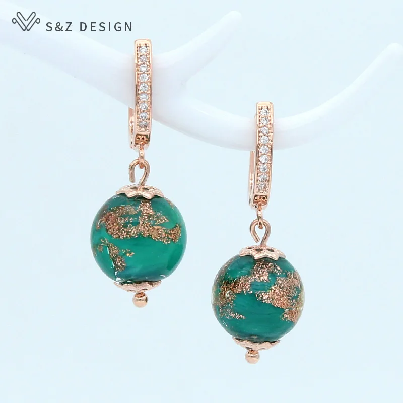

S&Z Original Design Handmade Coloured Glaze Earrings 585 Rose Gold Chinese Style Women Fine Texture Jewelry Party Gift