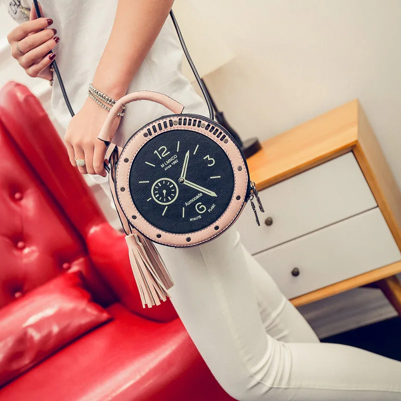 New Women Tassel Clock Shoulder Bag INS Popular Fashion Female Circle Handbag Mini Travel Lady Rivet PU Handle Crossbody SS3483 (1)
