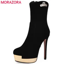 MORAZORA/Модная обувь женские ботильоны для женщин; сезон весна-осень; обувь на высоком каблуке ботинки на платформе пикантная женская обувь из флока на молнии