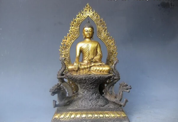 

Collectible bronze lion statue S0827 13"Tibet Buddhism Temple Bronze Gild Two Dragon Thailand Sakyamuni Buddha Statue (B0328)
