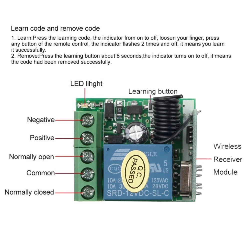 DC 12V 1CH Relay Receiver RF Transmitter 433Mhz Wireless Remote Control Switch