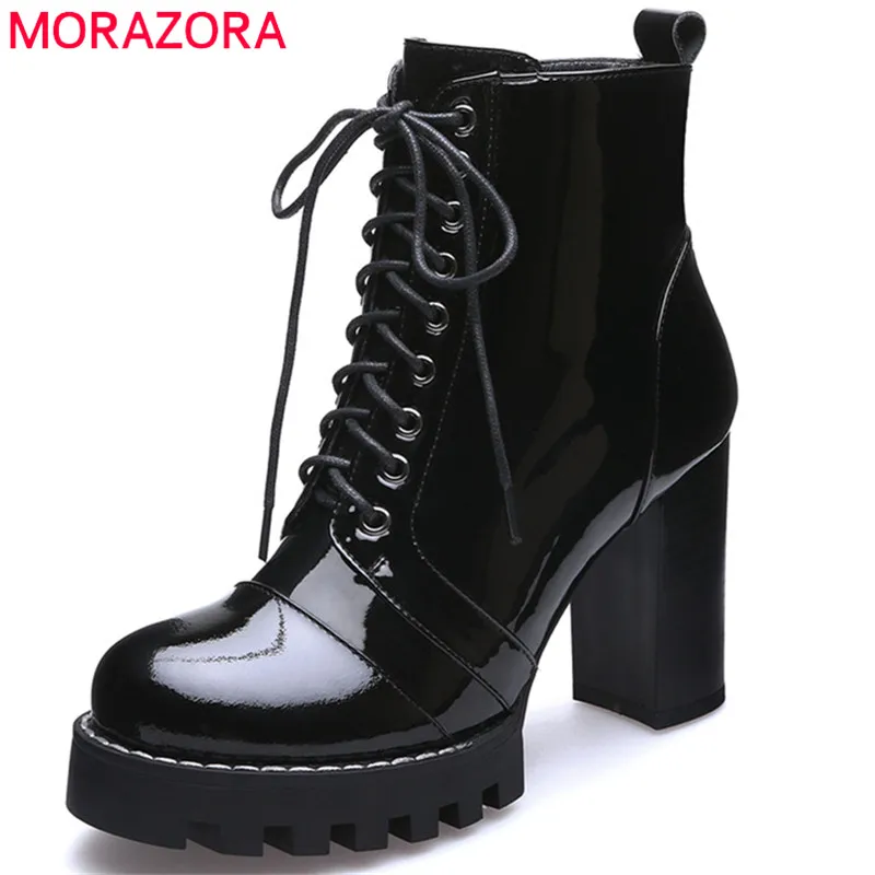 Acheter MORAZORA 2018 haute qualité en cuir véritable bottes femmes lacent automne hiver cheville bottes pour femmes plate forme haute talons bottes