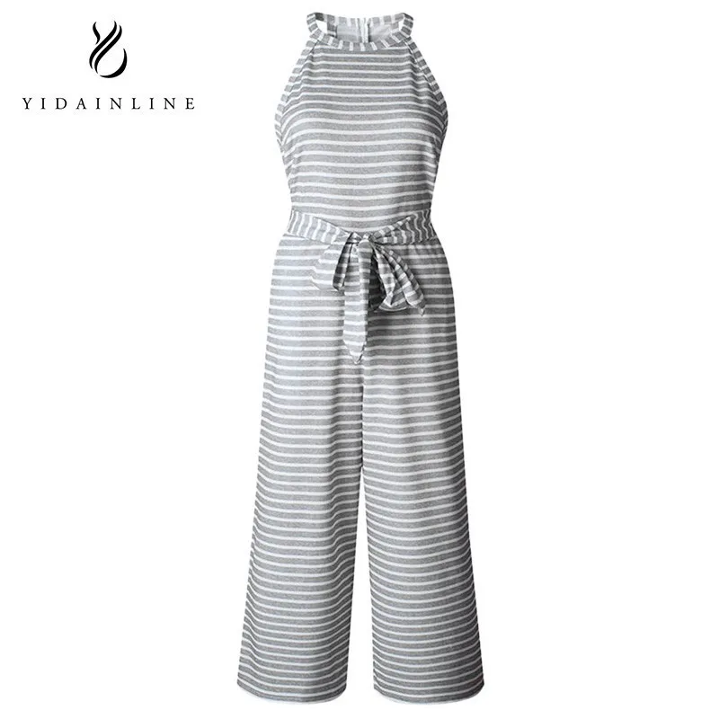 

YIDAinLine 2018 Womens Striped Waist Belted Wide Leg Jumpsuit Bodysuit Women Macacao Feminino Romper