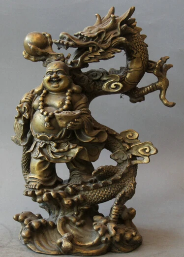 

JP S0522 10" China Brass Wealth Dragon bead Happy Laugh Maitreya Buddha sculpture Statue (B0328)
