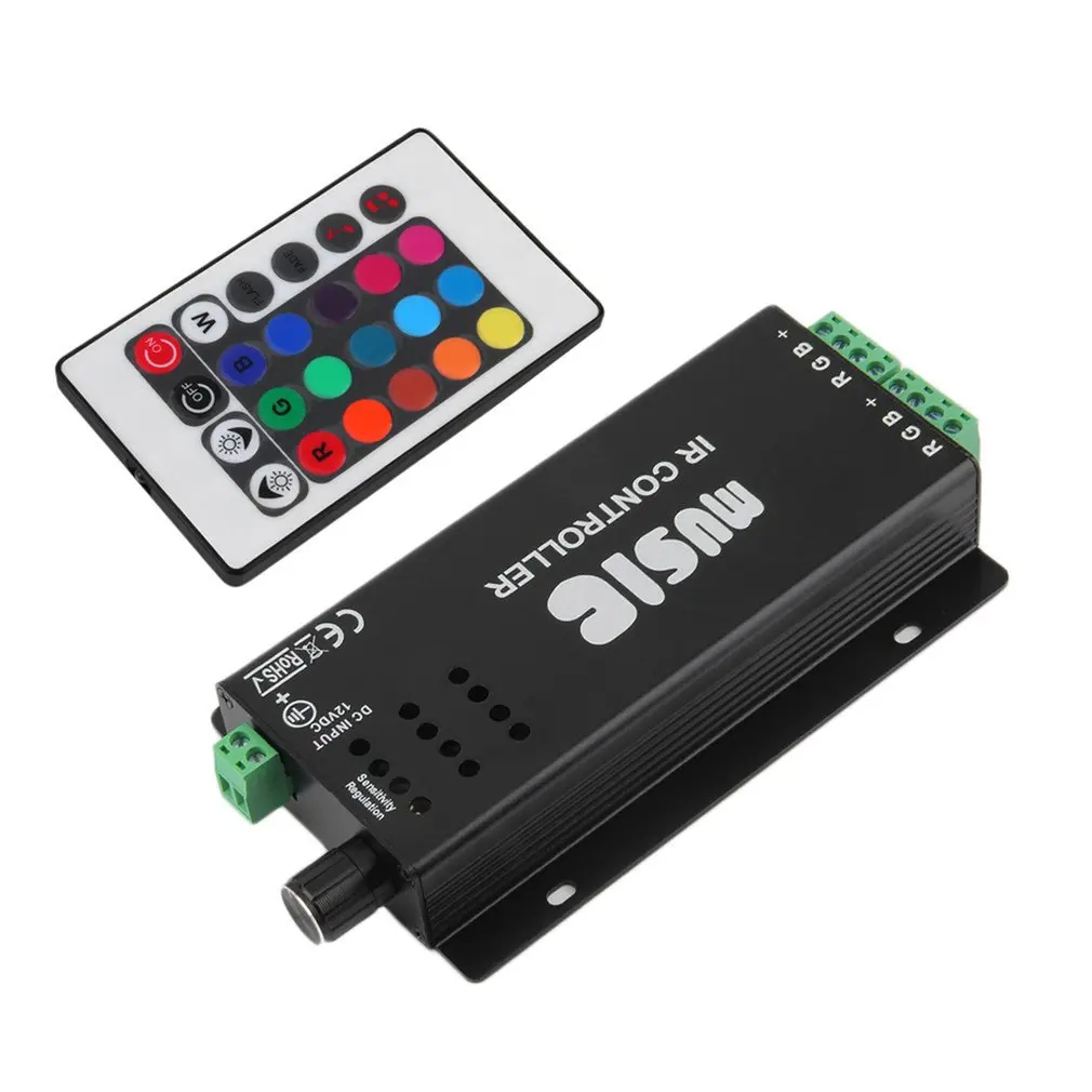 

Black 12V/24V DC 2 Channels 24 Key Music IR Remote Controller Sound Sensitive for RGB LED Strip Light Accessory