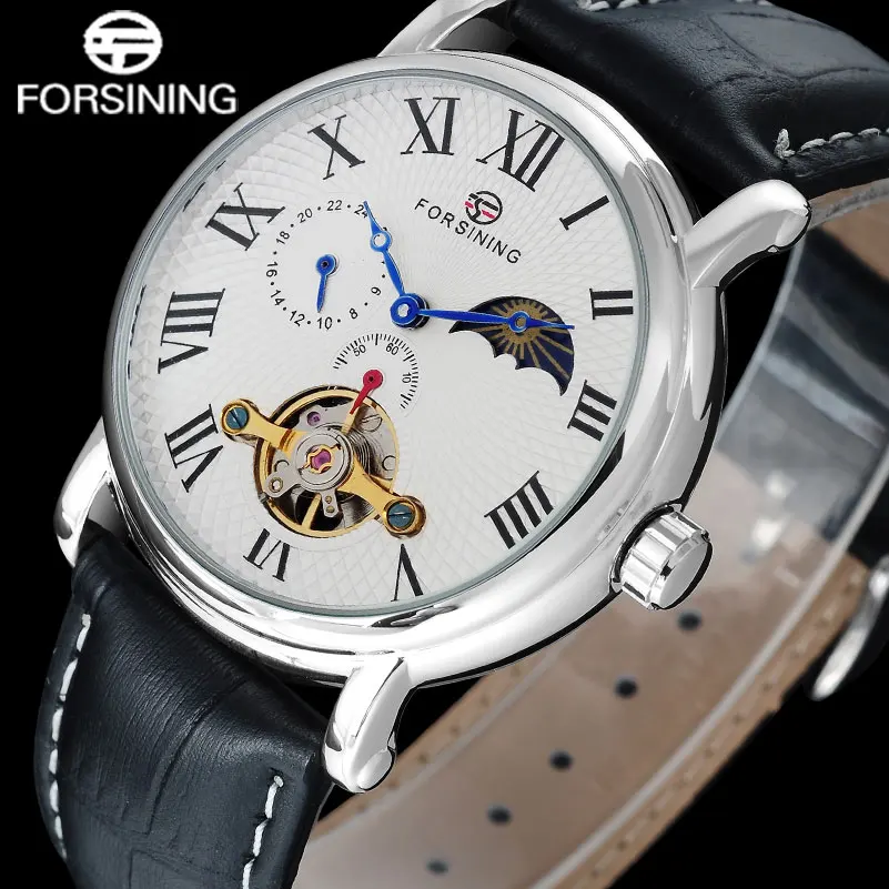 FORSINING Luxury men mechanical tourbillion watches genuine leather band fashion men s moon phase skeleton watches