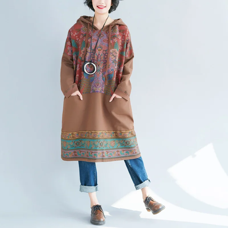 2019 зимние мусульманские женские хлопковые длинные толстовки платье Дамское с длинным рукавом печати Свободные Ретро негабаритный пуловер