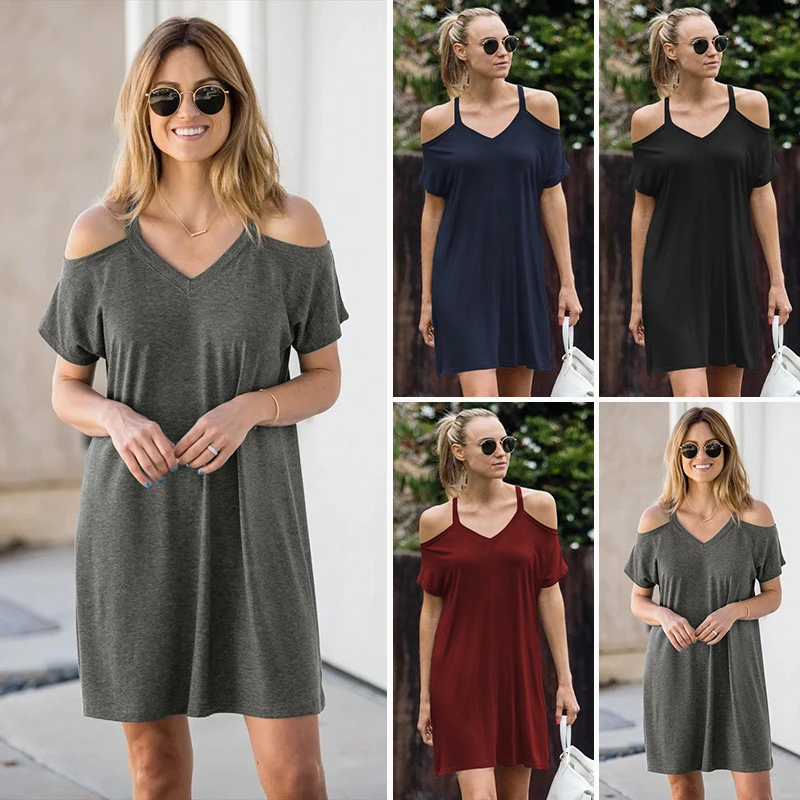 

Casual Women Summer Dress For New 2019 Fashion V-Neck Short Sleeve Female Sling Dress Loose Women Summer Solid Cotton Dresses