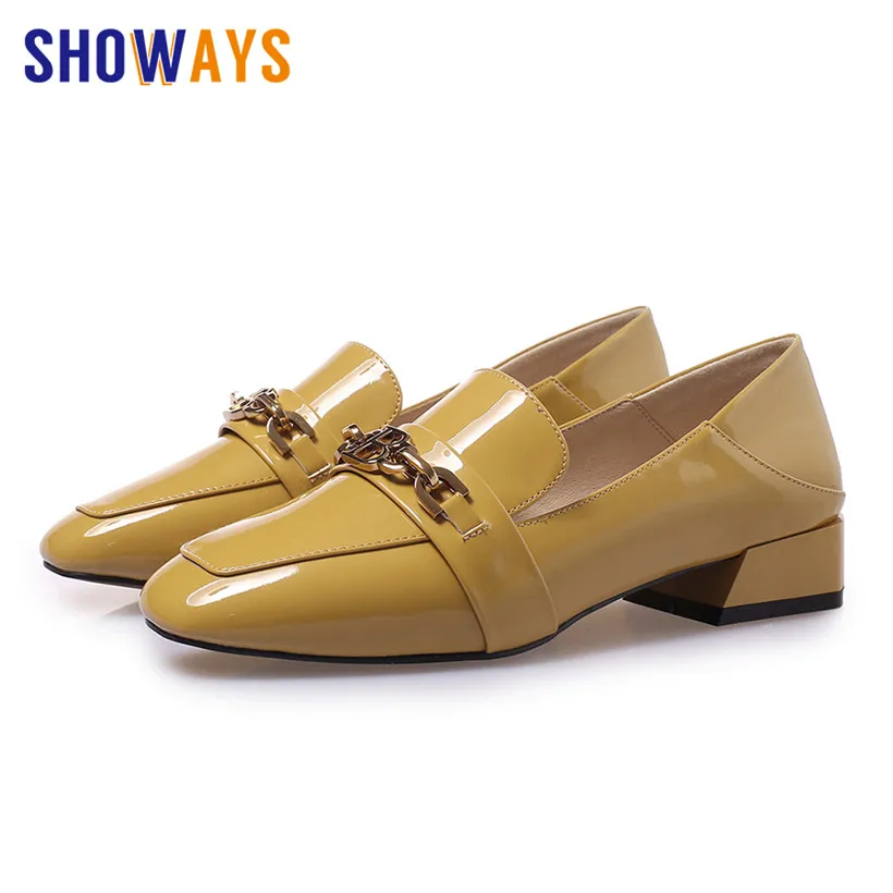 

2019 Vintage Women Loafers Patent Leather Square Toe Flats Casual Office Lady British Metal Chain Mocassins Slip-on Dress Shoes