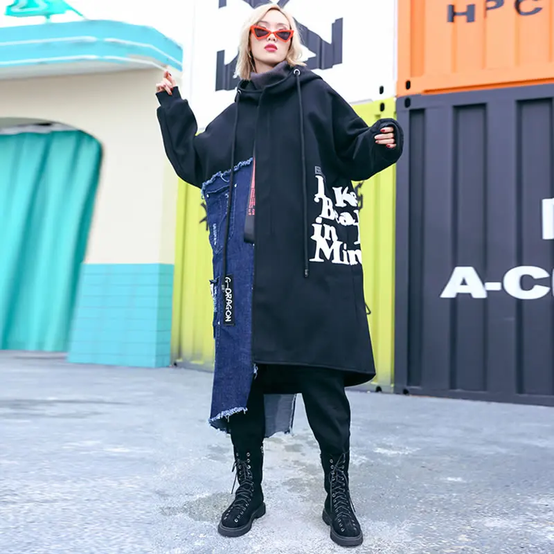 Femelle Mode Casual Pleine Col Patchwork Poche Manteau Capuchon Black Mélange Zll2743 Longue Printemps Lâche xitao Femmes À Manches Hiver E01PqP