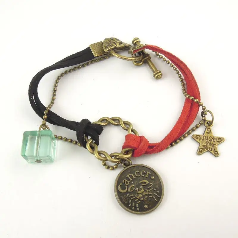 

AM0336 New Leather Alloy Crystal Bracelet Zodiac Astrological Sign Horoscope Aquarius Gift 16cm 1PC
