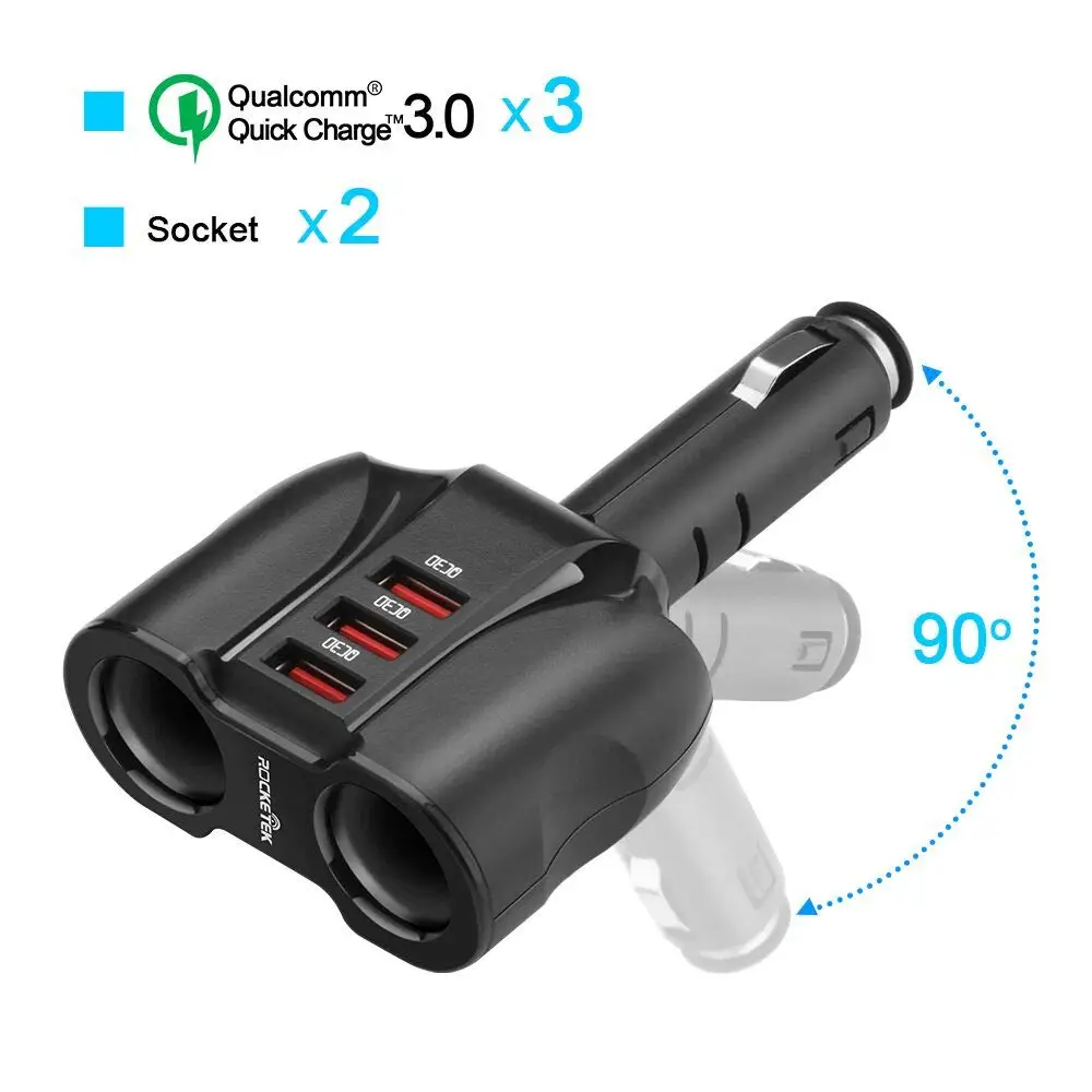 

2-Socket 3-Port QC 3.0 Car Charger Cigarette Lighter Splitter, 90W 12V/24V DC Outlet Multi Socket Car Cigarette Lighter Adapter