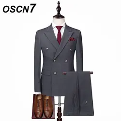 OSCN7 двубортный костюм Для мужчин 3 шт. Slim Fit Досуг 2018 Новый Для мужчин костюмы осень джентльмен мужской костюм XZ072