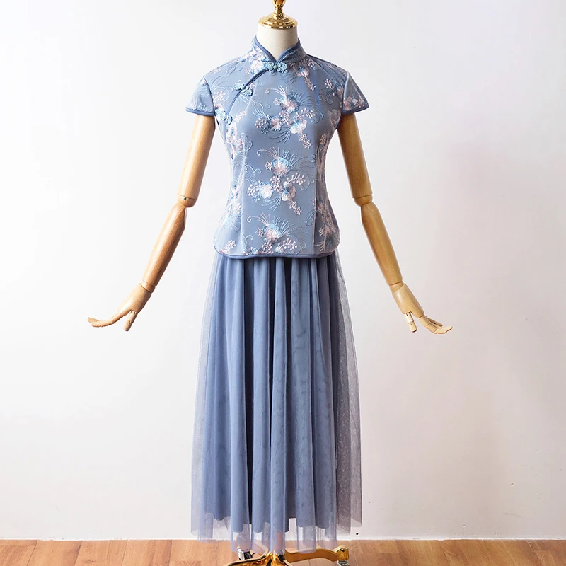

2 Pieces/set Fashion Embroidery Flower Vintage Traditional Mesh Blue Chinese Dress Qipao Cheongsam Evening Dress Modern Qipao