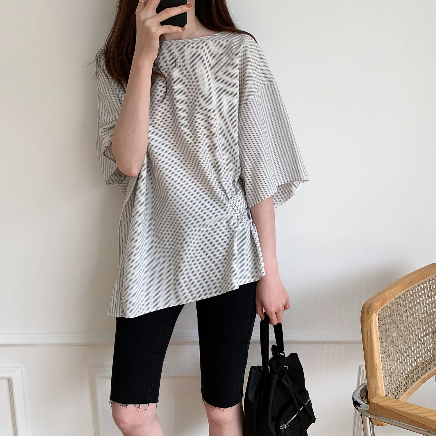 

Cotton and Linen Women Shirts Asymmetric Wild Casual Fashion Blouses and Tops Female Striped Summer New 2019 Women Clothing