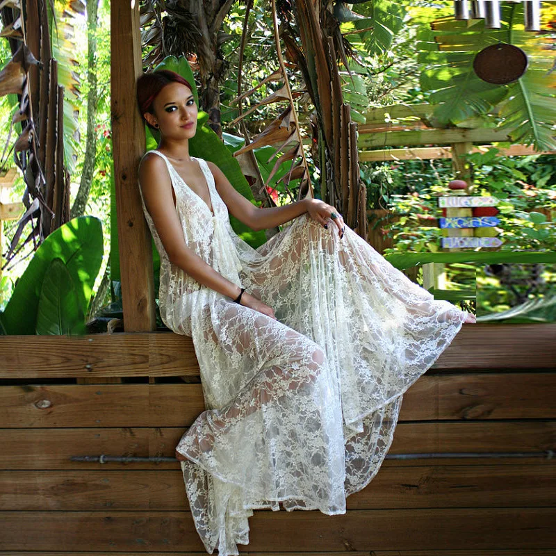 

Beach Tunica Long Dress Cover Up Bathing Suit Ups Vestido Praia Beachwear Women Saida Feminino Plus Size Sundress Lace Outside