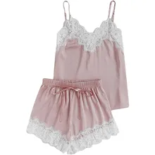 KLV Новая модная популярная женская одежда для сна без рукавов на бретельках, кружевная отделка, Атласный топ на бретельках, пижамные комплекты,# Z5