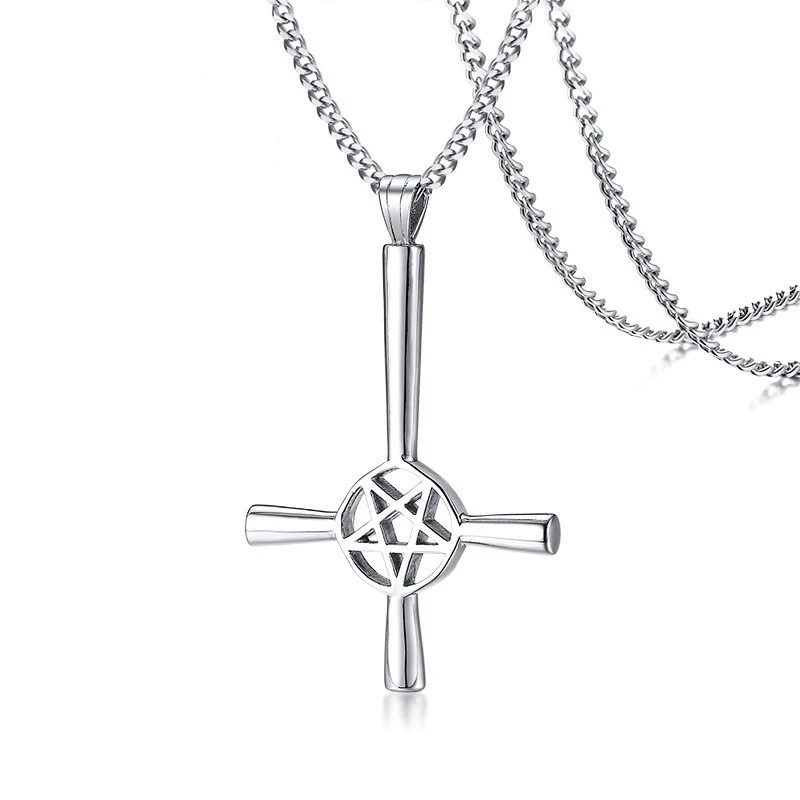 

Stainless Steel Inverted Cross Pendant Necklace Inverted Downward-pointing pentagram Pentacle Devil Lucifer Satan Satanism