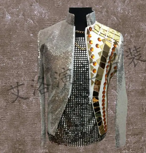 

Men Suits Designs Gold Lens Stage Costumes For Singers Men Sequin Blazer Dance Jacket Style Dress Punk Rock Stand Collar Grey