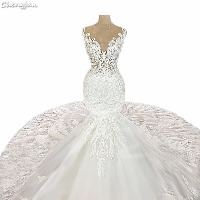 

Chengjun Fashion White Mermaid Long Tail Bridal Gowns For Women Wedding Dress