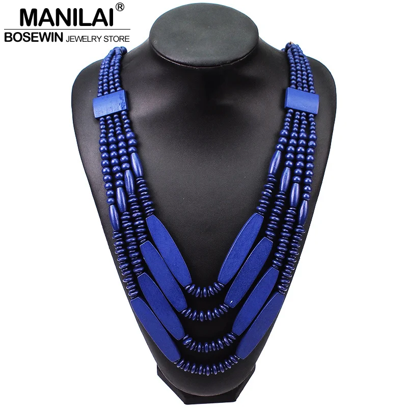MANILAI Bohemian Wood Bead Choker Necklaces For Women Handmade Multilayer Beaded Statement Necklace Jewelry