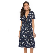 Sexy summer chiffon print v-neck dress vintage elastic horn sleeve knot front elegant dress casual beach dress female vestidos knot front striped dress
