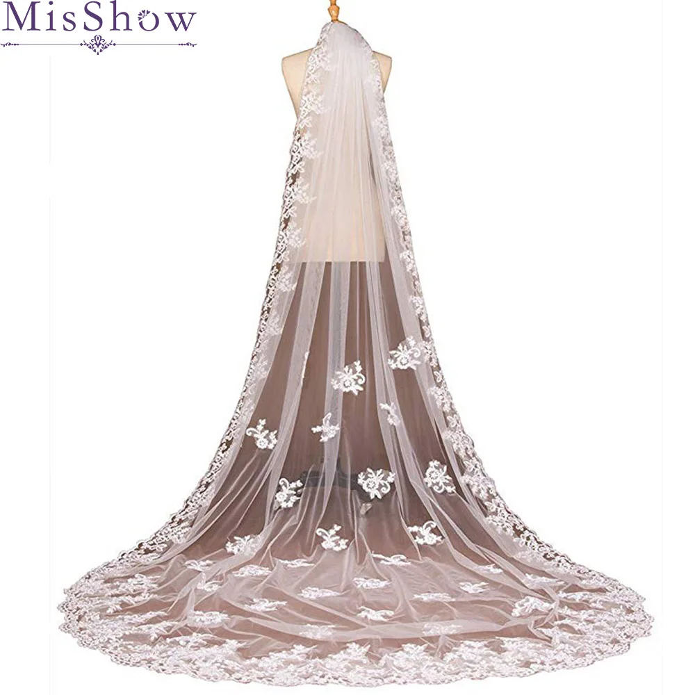 2017 elegant White Ivory cathedral wedding veil lace edge bridal veil 3 m long trailing Wedding Accessories with Comb