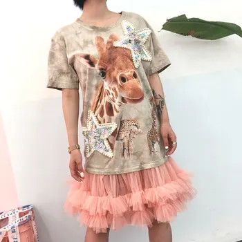 

Thailand original 2019 summer new cartoon print five-pointed star sequins mesh stitching high-quality T-shirt skirt women