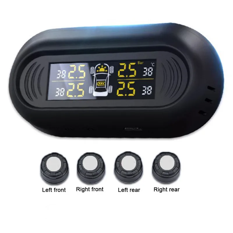

Wireless Solar Powered TPMS Car Real-time Tire Pressure Monitoring System with 4 External Sensors LCD Display